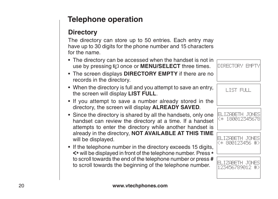 Telephone operation, Directory | VTech DECT DS6121-2 User Manual | Page 24 / 74