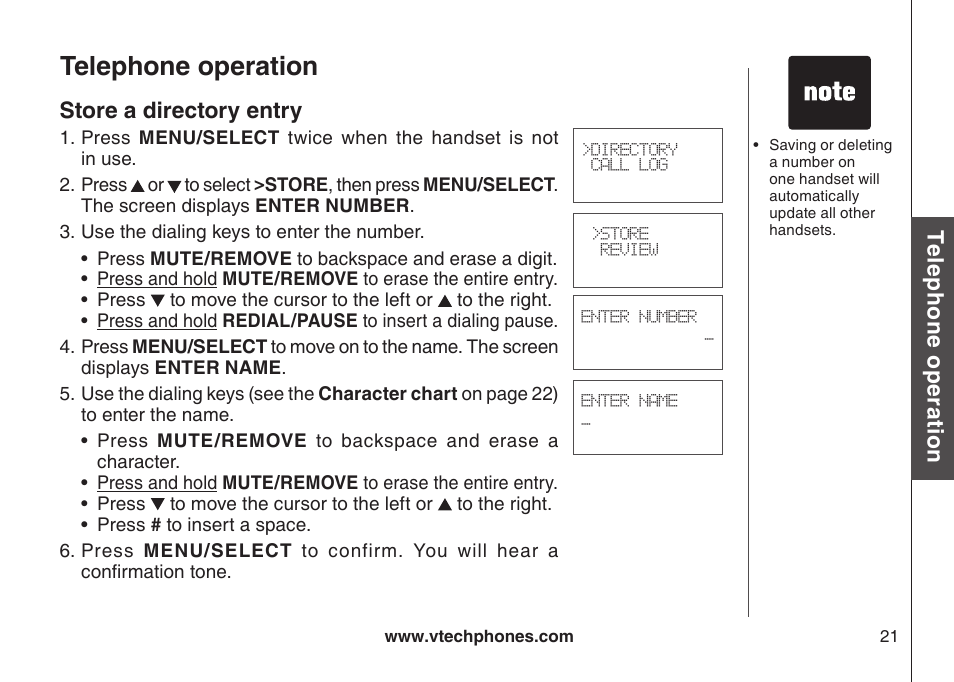 Telephone operation, Te le ph on e o pe ra tio n, Store a directory entry | VTech DECT DS6121-2 User Manual | Page 25 / 74