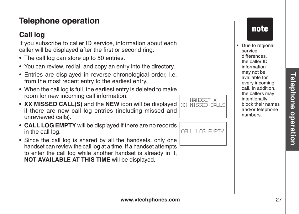 Telephone operation, Te le ph on e o pe ra tio n, Call log | VTech DECT DS6121-2 User Manual | Page 31 / 74