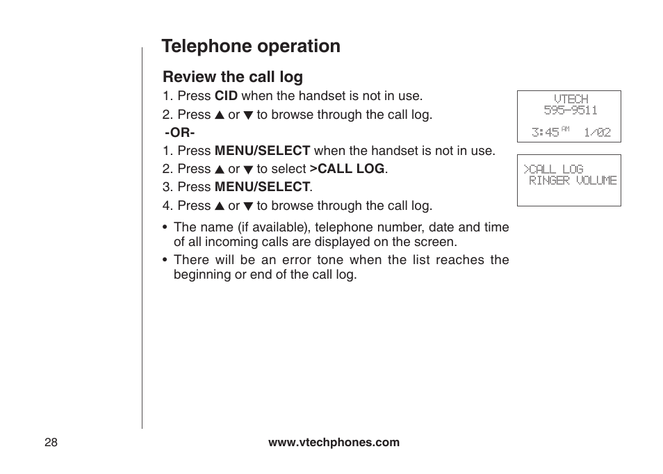 Telephone operation, Review the call log | VTech DECT DS6121-2 User Manual | Page 32 / 74