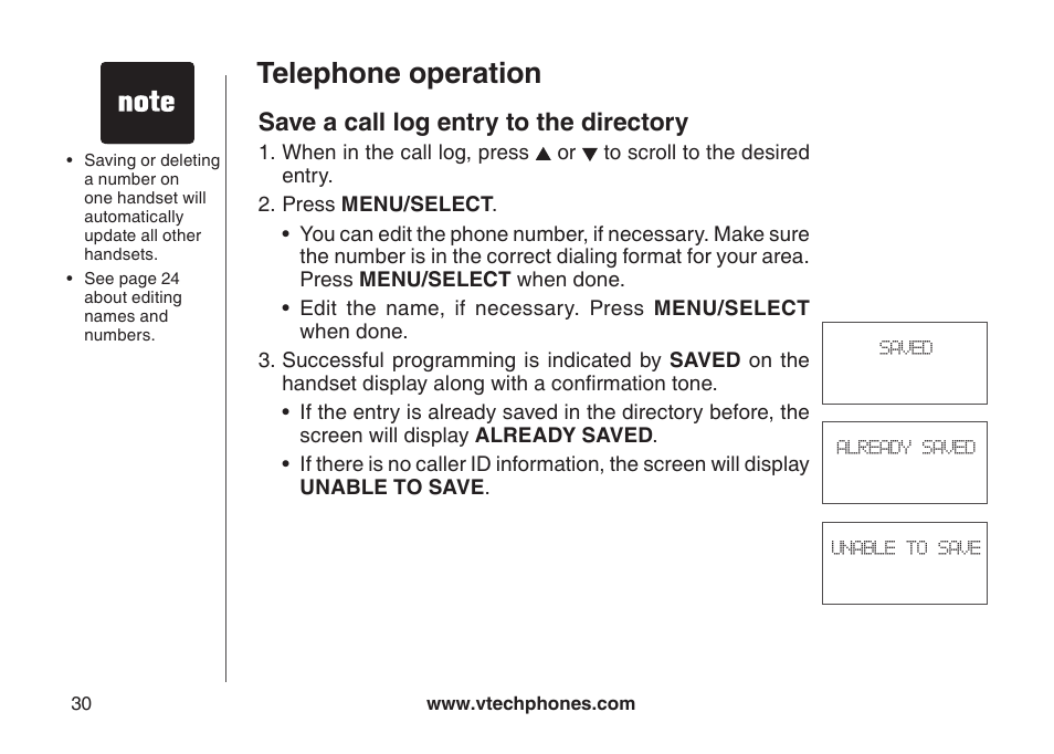 Telephone operation, Save a call log entry to the directory | VTech DECT DS6121-2 User Manual | Page 34 / 74