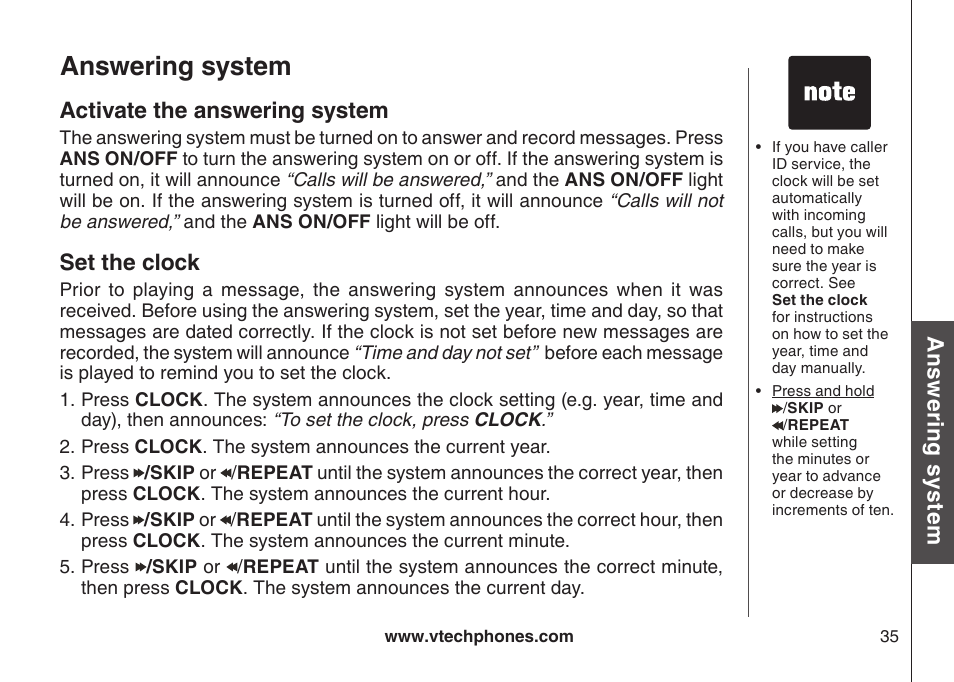 Answering system, Ans w er in g s ys te m, Activate the answering system | Set the clock | VTech DECT DS6121-2 User Manual | Page 39 / 74