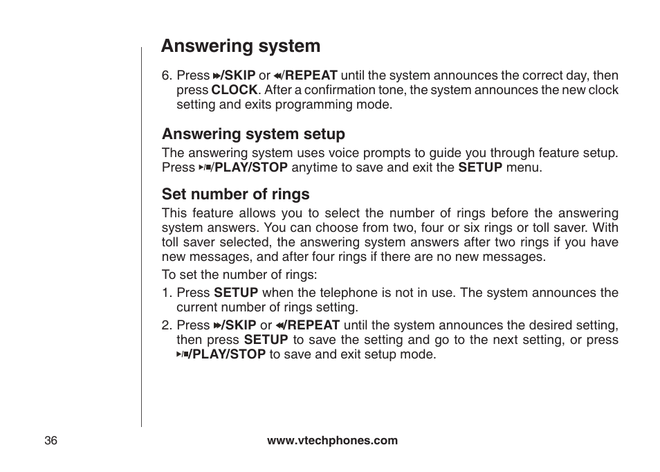 Answering system, Answering system setup, Set number of rings | VTech DECT DS6121-2 User Manual | Page 40 / 74