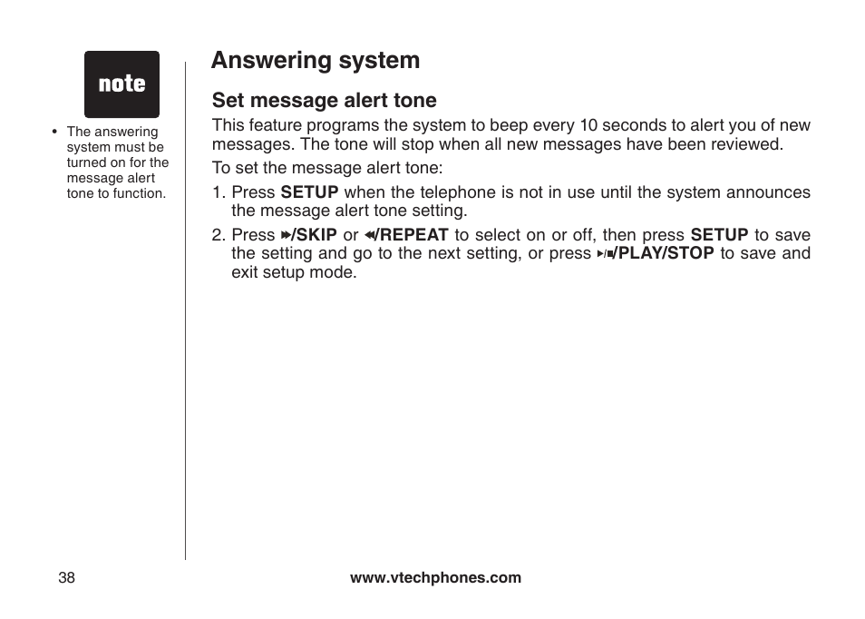 Answering system, Set message alert tone | VTech DECT DS6121-2 User Manual | Page 42 / 74