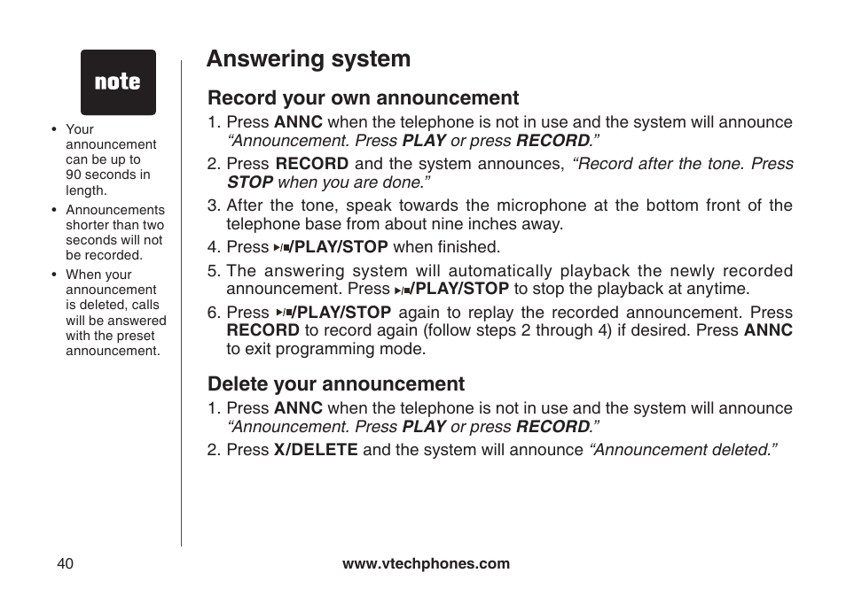 Answering system, Record your own announcement, Delete your announcement | VTech DECT DS6121-2 User Manual | Page 44 / 74