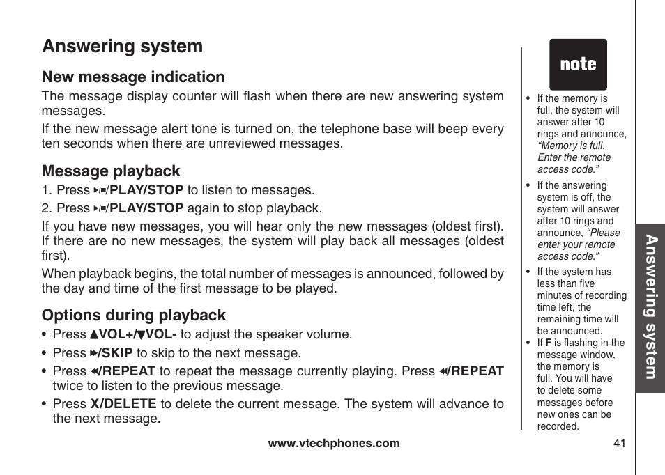 Answering system, Ans w er in g s ys te m new message indication, Message playback | Options during playback | VTech DECT DS6121-2 User Manual | Page 45 / 74
