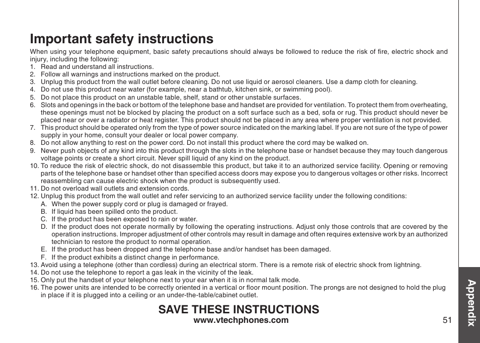 Important safety instructions, Save these instructions, Appendix | VTech DECT DS6121-2 User Manual | Page 55 / 74