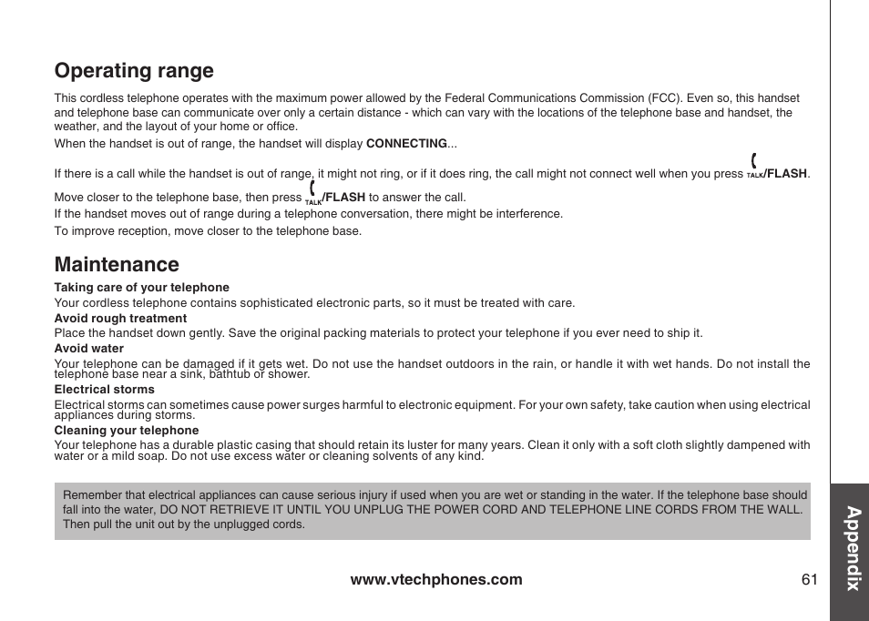 Operating range, Maintenance, Appendix | VTech DECT DS6121-2 User Manual | Page 65 / 74
