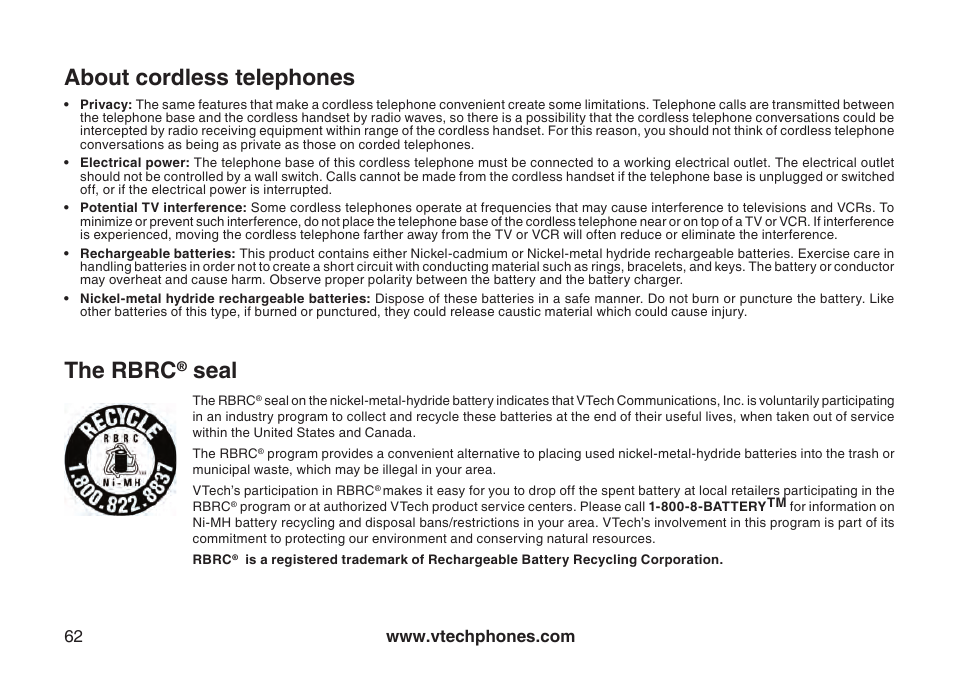 About cordless telephones, The rbrc, Seal | VTech DECT DS6121-2 User Manual | Page 66 / 74