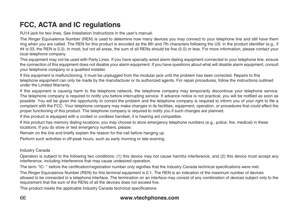 Fcc, acta and ic regulations | VTech DECT DS6121-2 User Manual | Page 70 / 74