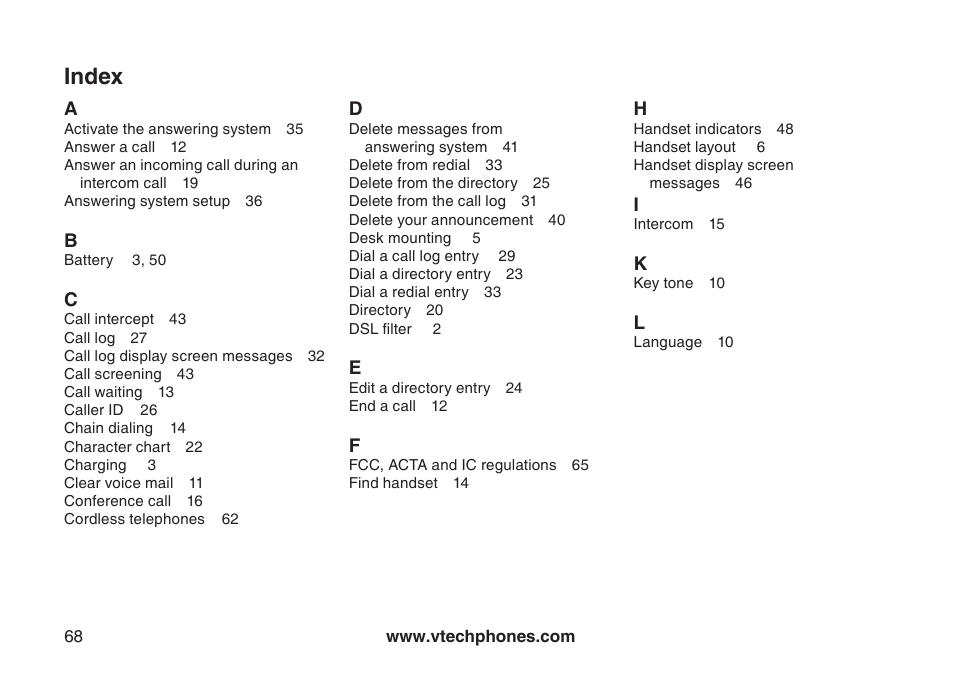 Index | VTech DECT DS6121-2 User Manual | Page 72 / 74