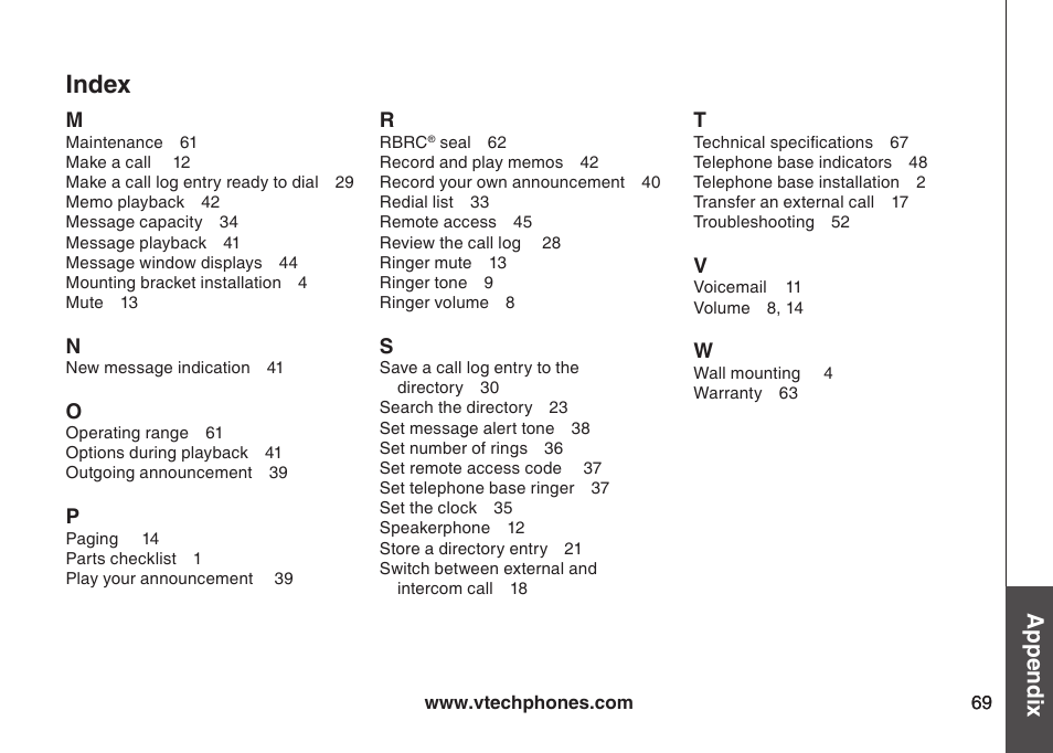 Index, Appendix | VTech DECT DS6121-2 User Manual | Page 73 / 74