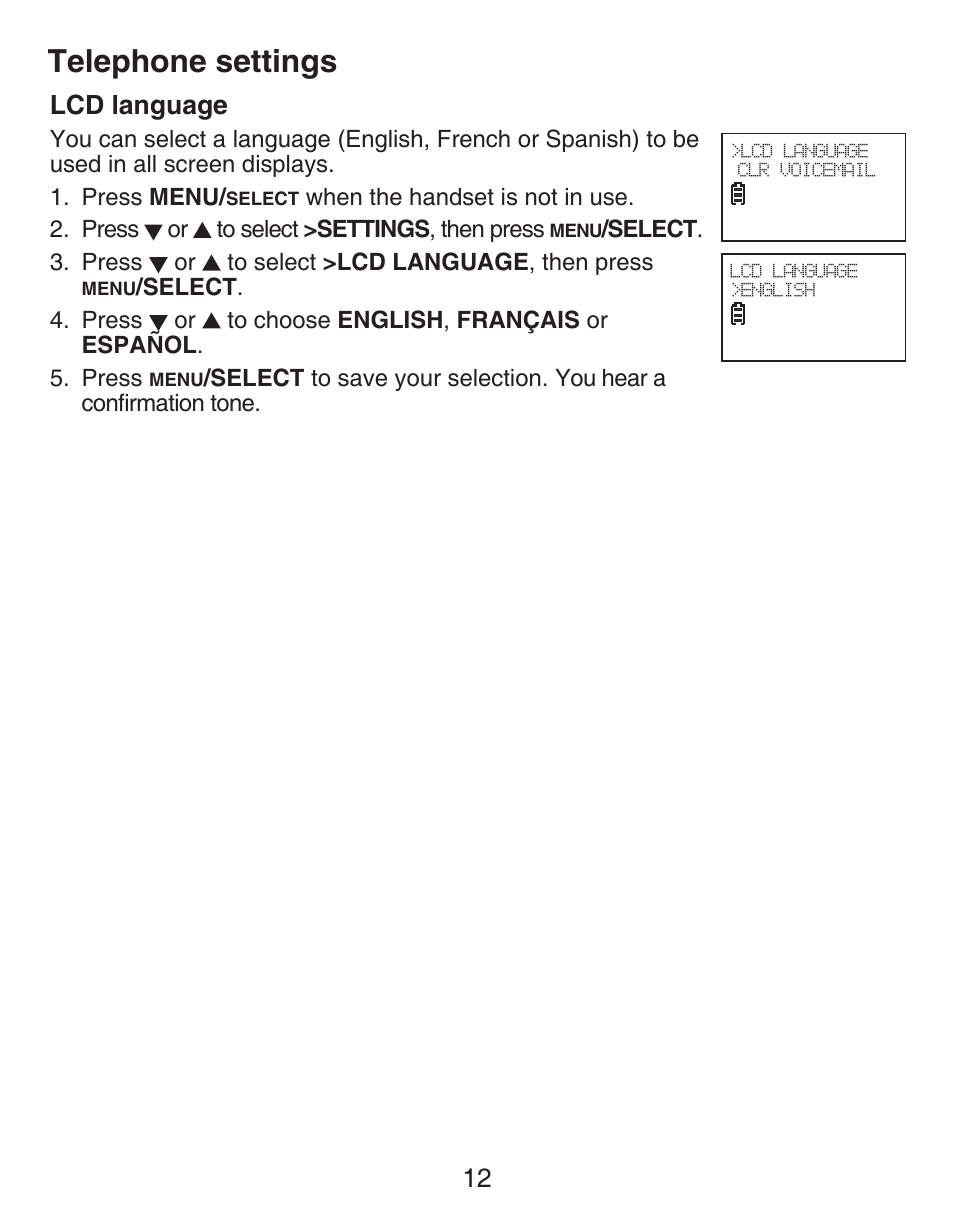 Home area code/local area codes, Lcd language, Clear voicemail indicators | Telephone settings, 12 lcd language | VTech DECT CS6429-3 User Manual | Page 16 / 76