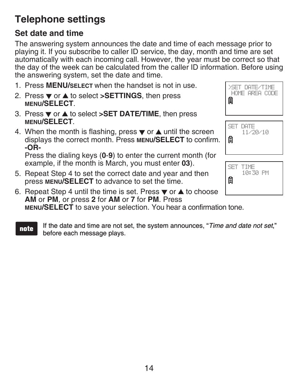 Set time/date, Set date and time, Telephone settings | 14 set date and time | VTech DECT CS6429-3 User Manual | Page 18 / 76