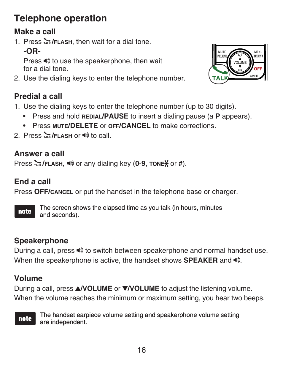 Caller id information, Telephone operation, Make a call | Predial a call, Answer a call, End a call, Speakerphone, Volume, Telephone operation make a call | VTech DECT CS6429-3 User Manual | Page 20 / 76