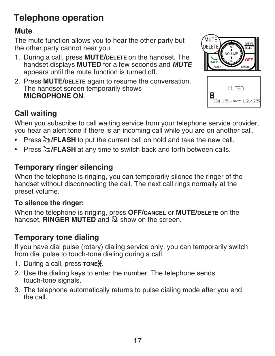 Reviewing the call history, Display dial, Deleting call history records | Mute, Call waiting, Temporary ringer silencing, Temporary tone dialing, Telephone operation, 17 mute | VTech DECT CS6429-3 User Manual | Page 21 / 76