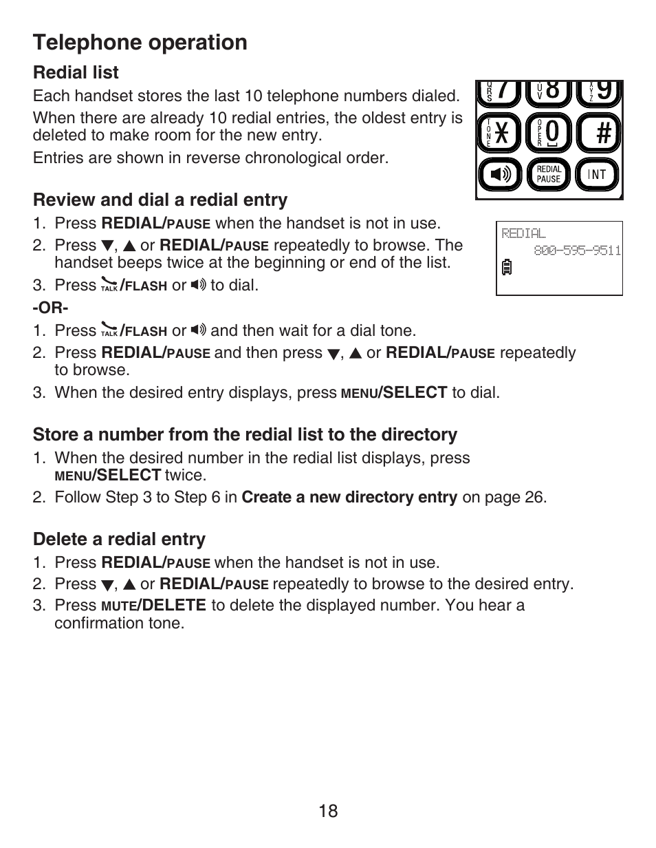 Redial list, Review and dial a redial entry, Delete a redial entry | Store a number from the redial list, To the directory, Telephone operation, 18 redial list | VTech DECT CS6429-3 User Manual | Page 22 / 76