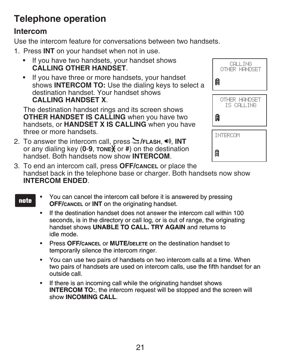 Intercom, Telephone operation, 21 intercom | VTech DECT CS6429-3 User Manual | Page 25 / 76