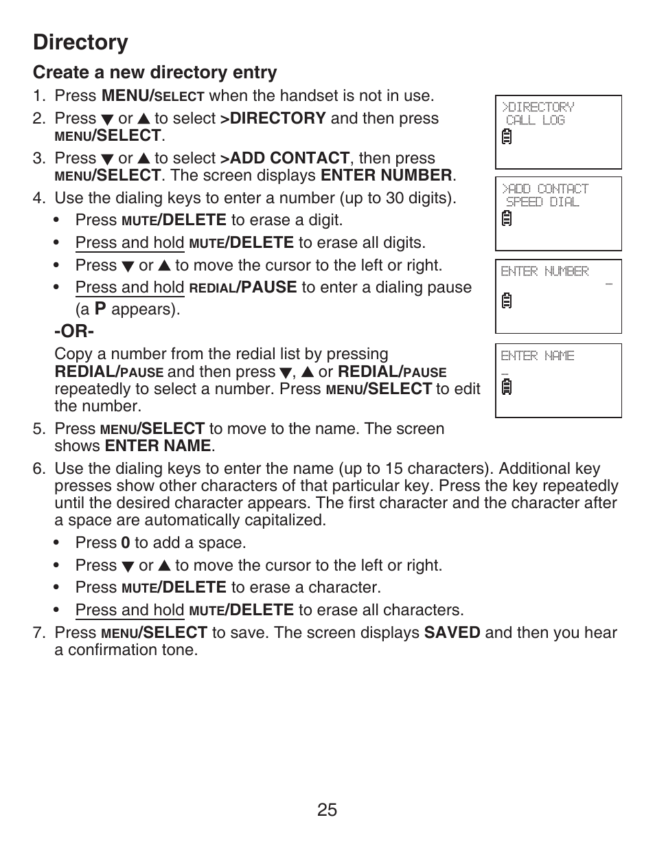 Create a new directory entry, Directory, 25 create a new directory entry | VTech DECT CS6429-3 User Manual | Page 29 / 76