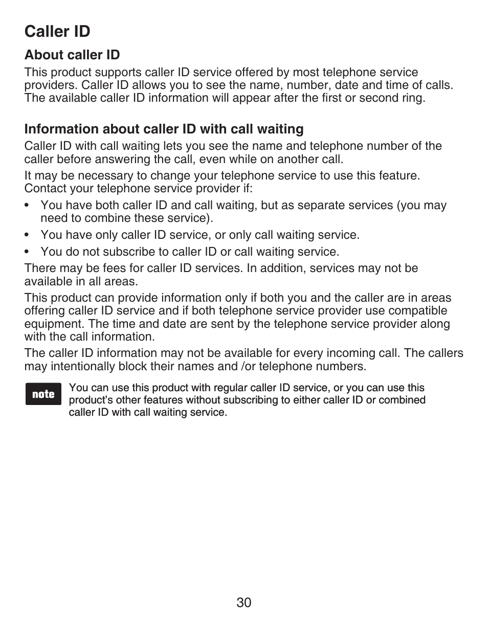 Caller id, About caller id, Information about caller id with call waiting | Caller id about caller id, Information about caller id with, Call waiting | VTech DECT CS6429-3 User Manual | Page 34 / 76