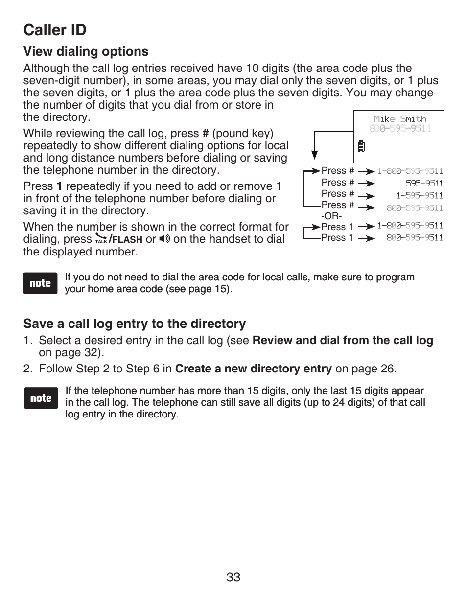 View dialing options, Save a call iog entry to the directory, Save a call iog entry to | The directory, Caller id, 33 view dialing options | VTech DECT CS6429-3 User Manual | Page 37 / 76