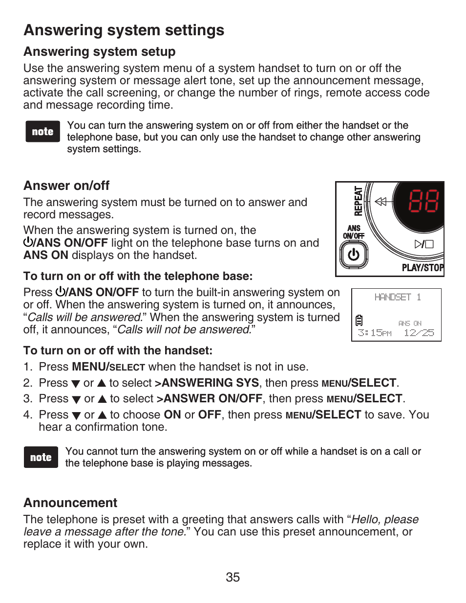 Answering system settings, Answering system setup, Answer on/off | Announcement, Answering system settings answering system setup, 35 answering system setup | VTech DECT CS6429-3 User Manual | Page 39 / 76