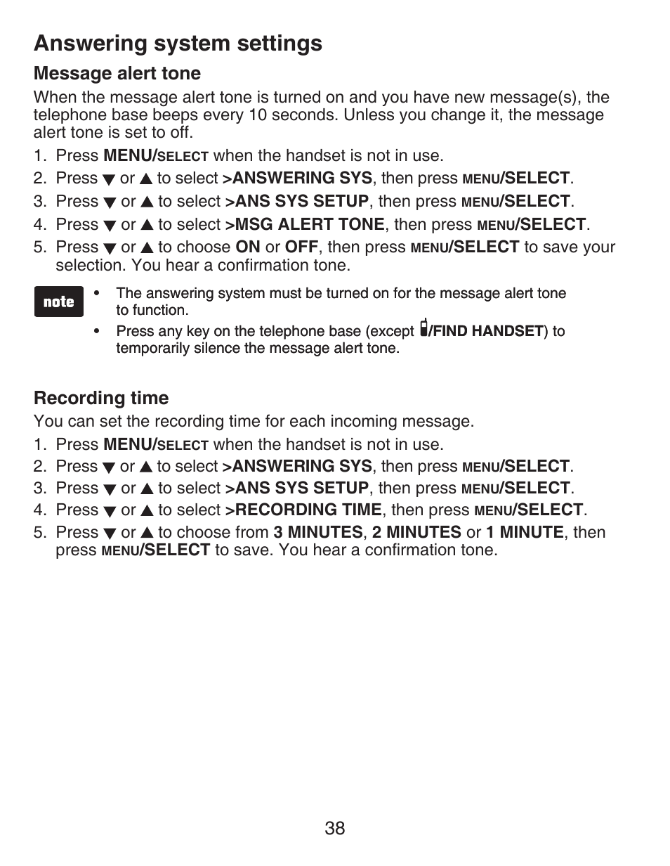 Memory overview, Storing a number in a one-touch location, Message alert tone | Recording time, Answering system settings | VTech DECT CS6429-3 User Manual | Page 42 / 76
