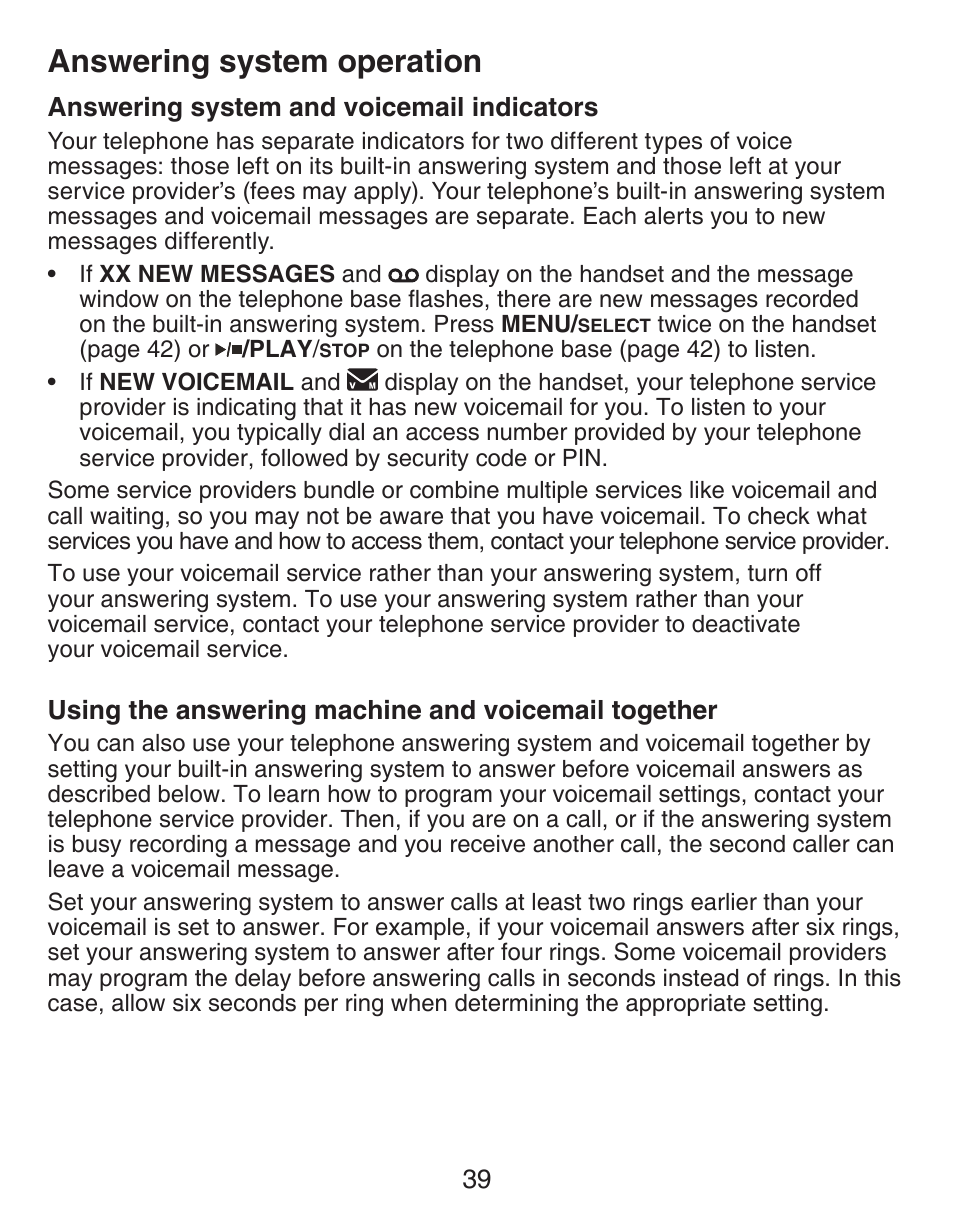 Answering system operation, Answering system and voicemail indicators, Using the answering machine and voicemail together | Answering system operation answering system and, Voicemail indicators, Using the answering machine and, Voicemail together | VTech DECT CS6429-3 User Manual | Page 43 / 76