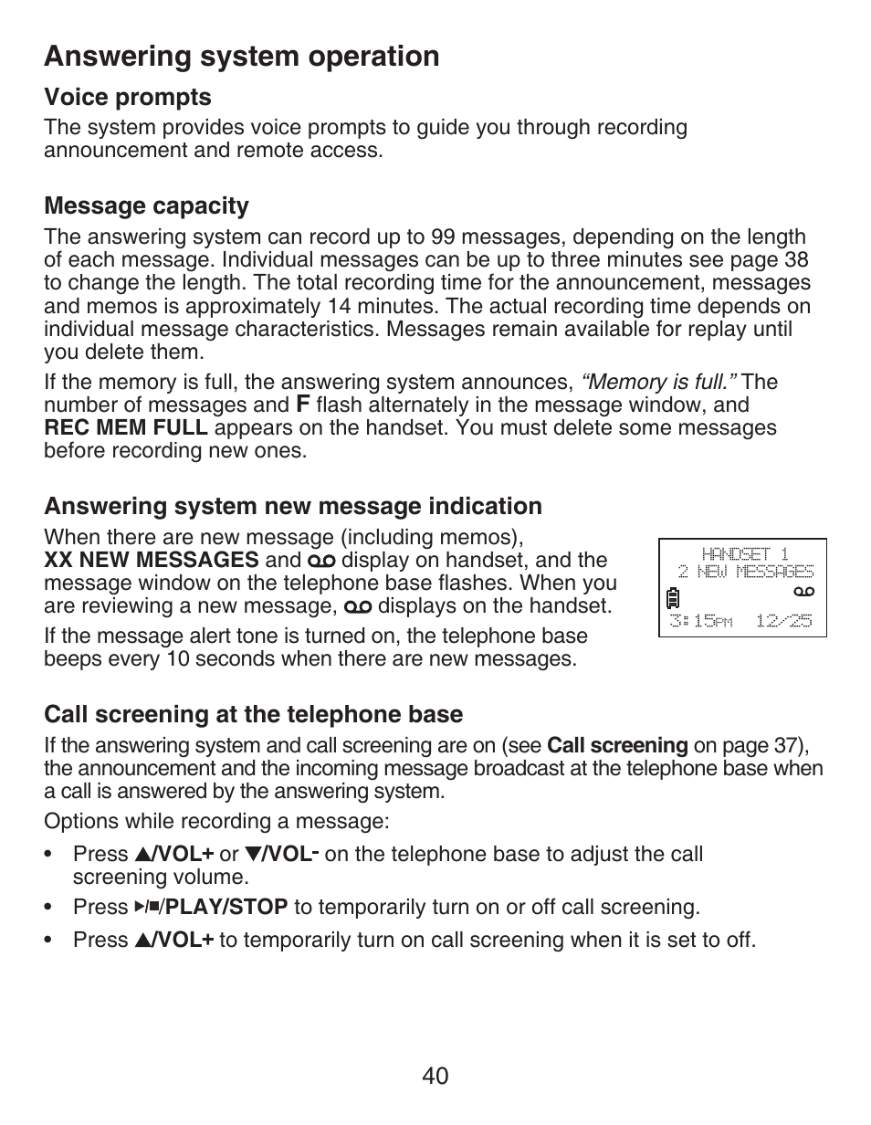 Voice prompts, Message capacity, Answering system new message indication | Call screening at the telephone base, Answering system new, Message indication, Call screening at the, Telephone base, Answering system operation, 40 voice prompts | VTech DECT CS6429-3 User Manual | Page 44 / 76