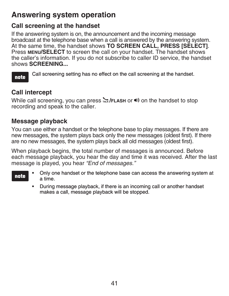 Call screening at the handset, Call intercept, Message playback | Answering system operation | VTech DECT CS6429-3 User Manual | Page 45 / 76