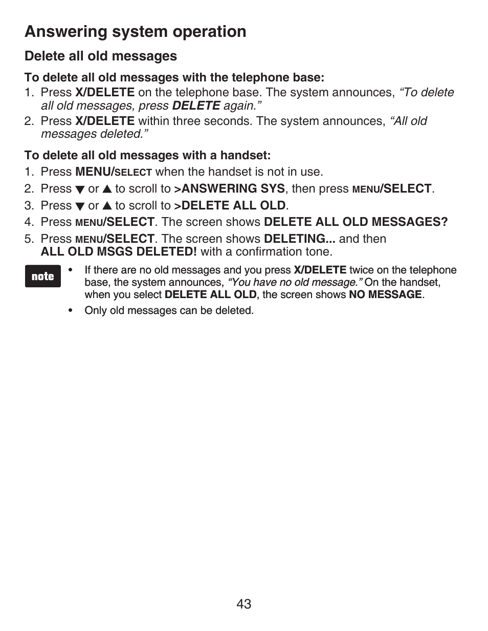Delete all old messages, Answering system operation, 43 delete all old messages | VTech DECT CS6429-3 User Manual | Page 47 / 76