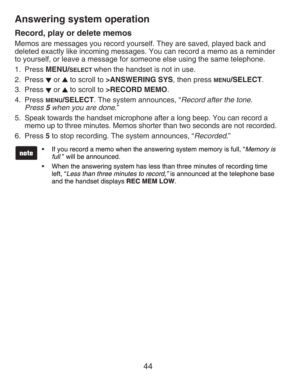 Record, play or delete memos, Answering system operation | VTech DECT CS6429-3 User Manual | Page 48 / 76