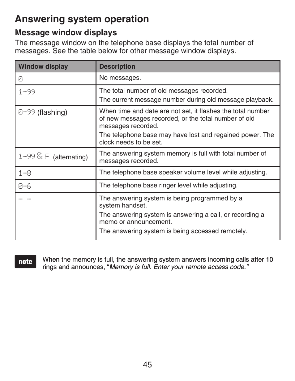 Message window displays, Answering system operation, 45 message window displays | VTech DECT CS6429-3 User Manual | Page 49 / 76