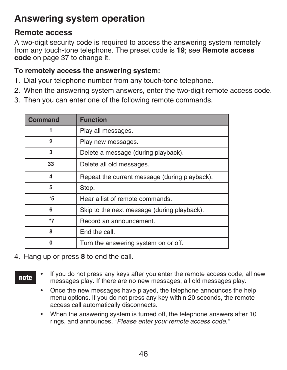 Remote access, Answering system operation, 46 remote access | VTech DECT CS6429-3 User Manual | Page 50 / 76