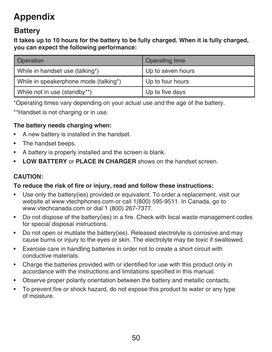Battery, Appendix, 50 battery | VTech DECT CS6429-3 User Manual | Page 54 / 76