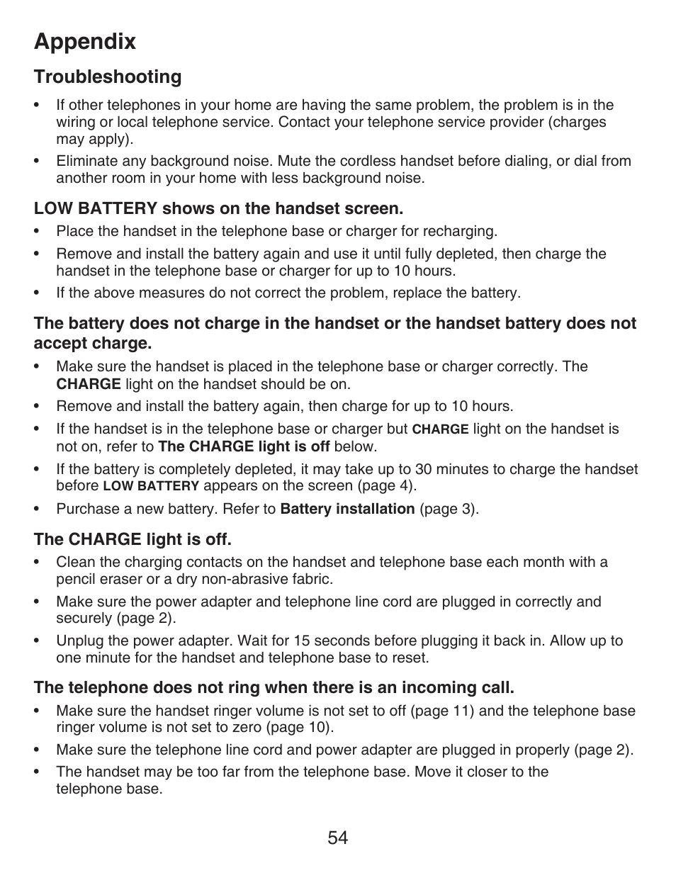 Maintenance, Appendix, Troubleshooting | VTech DECT CS6429-3 User Manual | Page 58 / 76
