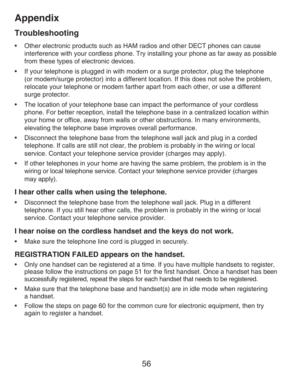 Appendix, Troubleshooting | VTech DECT CS6429-3 User Manual | Page 60 / 76