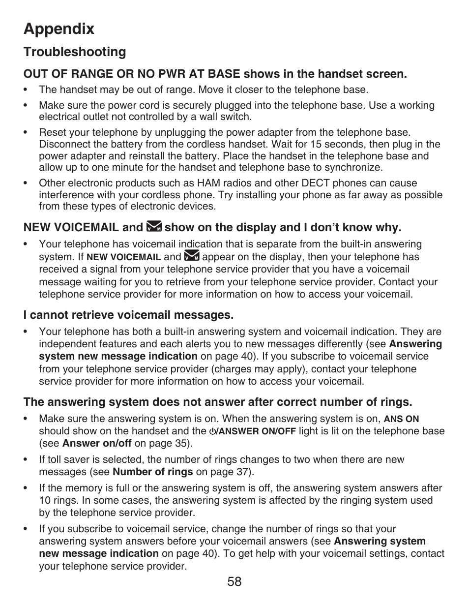 Appendix, Troubleshooting | VTech DECT CS6429-3 User Manual | Page 62 / 76