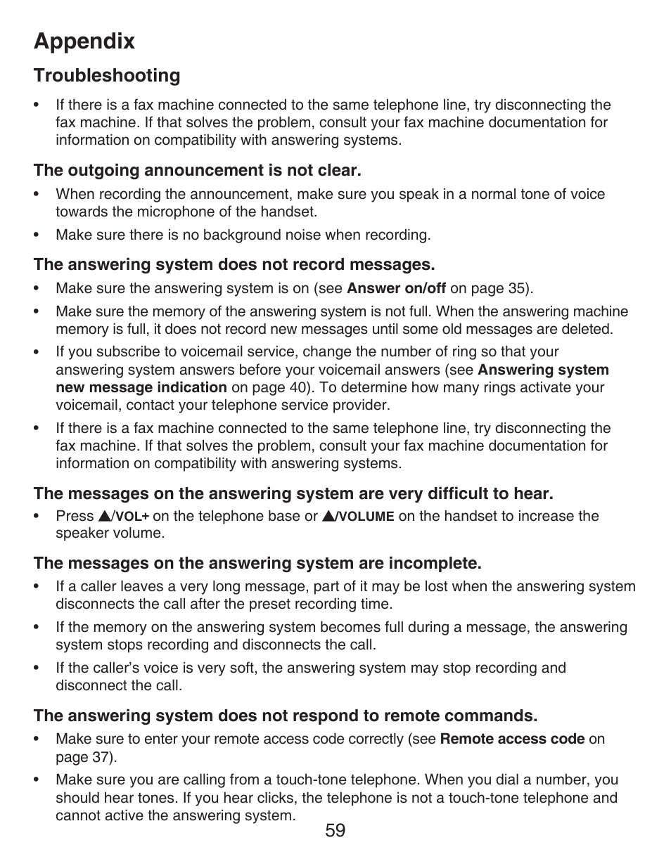 Appendix, Troubleshooting | VTech DECT CS6429-3 User Manual | Page 63 / 76
