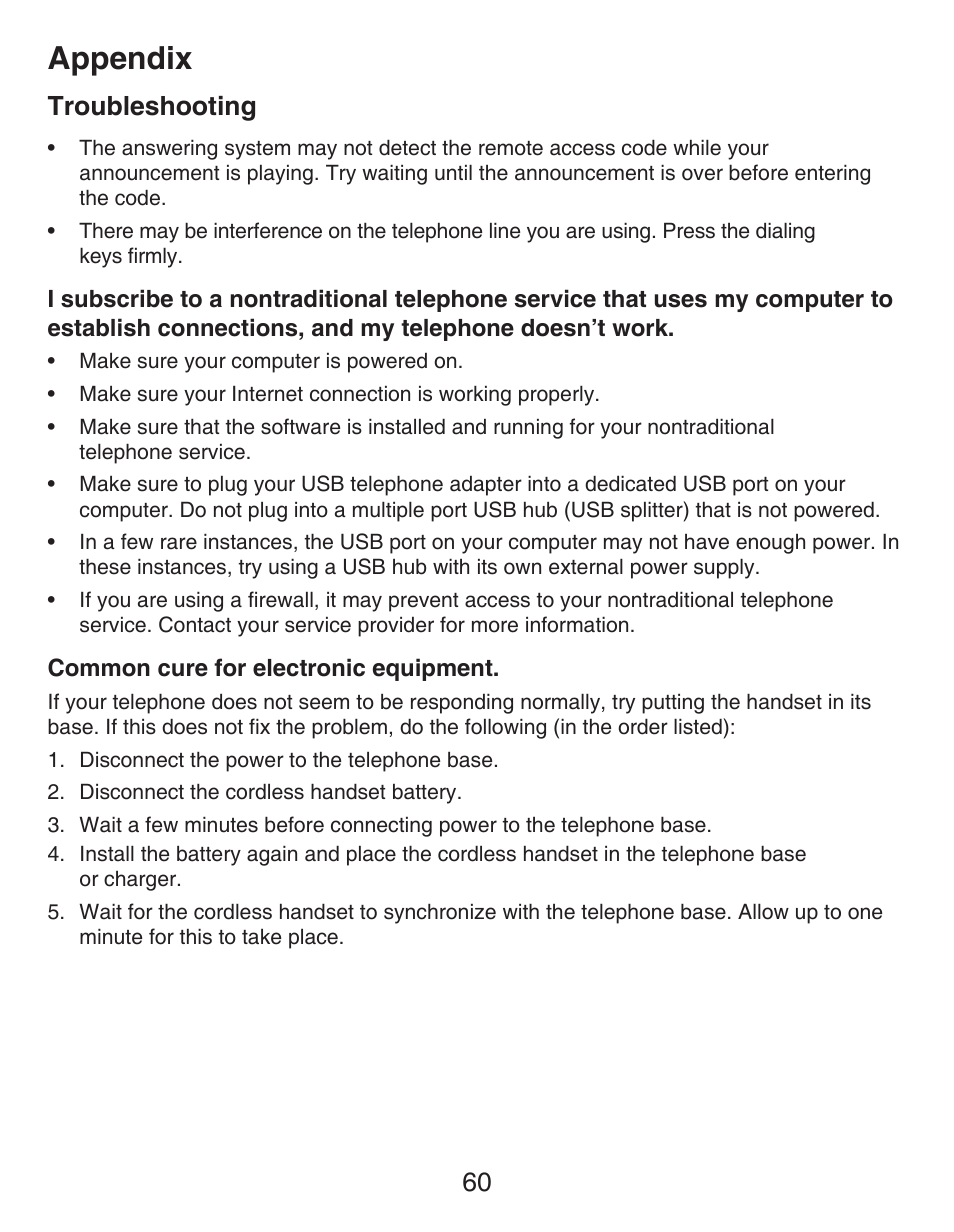 Appendix, Troubleshooting | VTech DECT CS6429-3 User Manual | Page 64 / 76