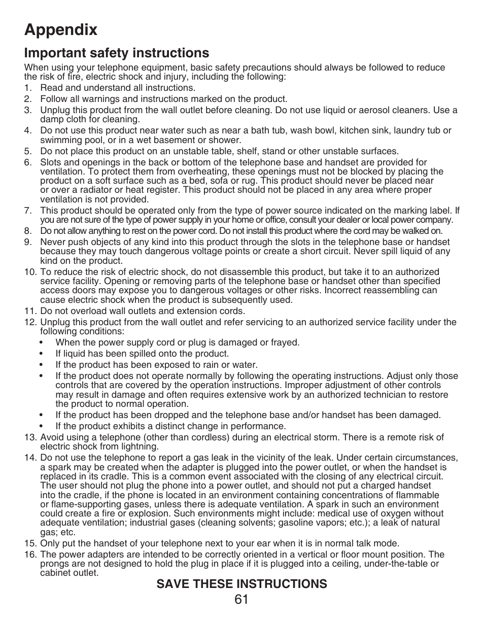 Important safety information, Important safety instructions, Appendix | 61 important safety instructions, Save these instructions | VTech DECT CS6429-3 User Manual | Page 65 / 76