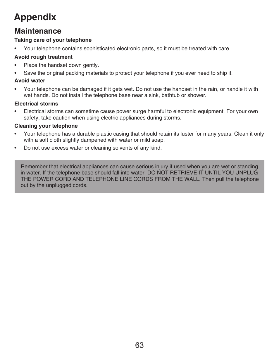 Maintenance, Appendix, 63 maintenance | VTech DECT CS6429-3 User Manual | Page 67 / 76