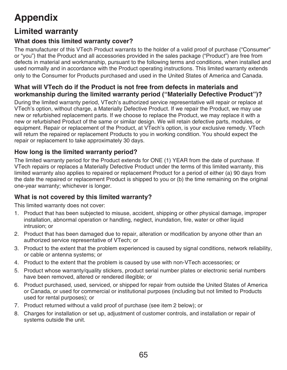 Limited warranty, Appendix, 65 limited warranty | VTech DECT CS6429-3 User Manual | Page 69 / 76