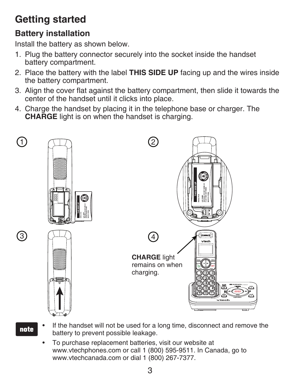 Handset face layout, Battery installation, Getting started | VTech DECT CS6429-3 User Manual | Page 7 / 76