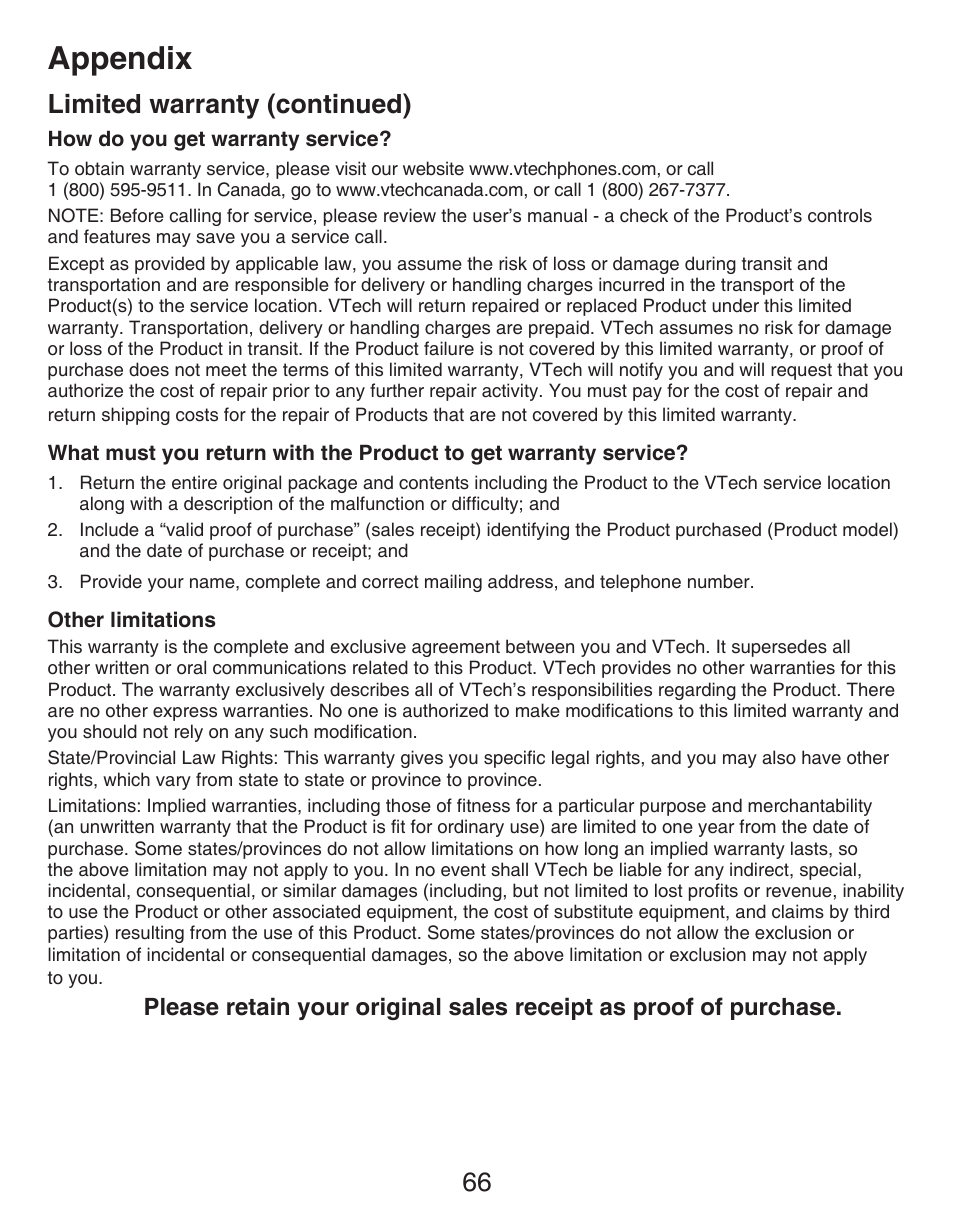 Appendix, 66 limited warranty (continued) | VTech DECT CS6429-3 User Manual | Page 70 / 76