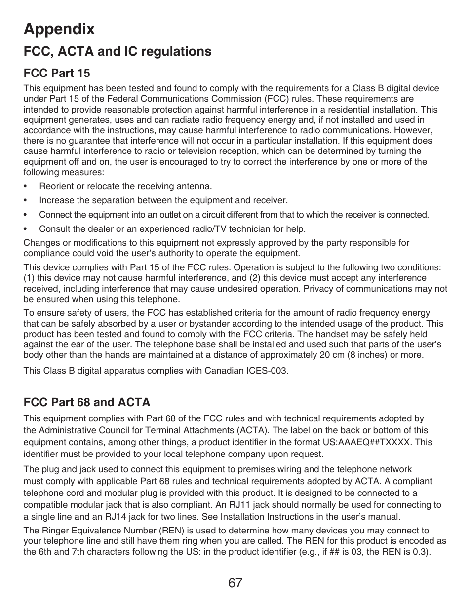 Fcc, acta and ic regulations, Fcc part 15, Fcc part 68 and acta | Appendix, 67 fcc, acta and ic regulations | VTech DECT CS6429-3 User Manual | Page 71 / 76