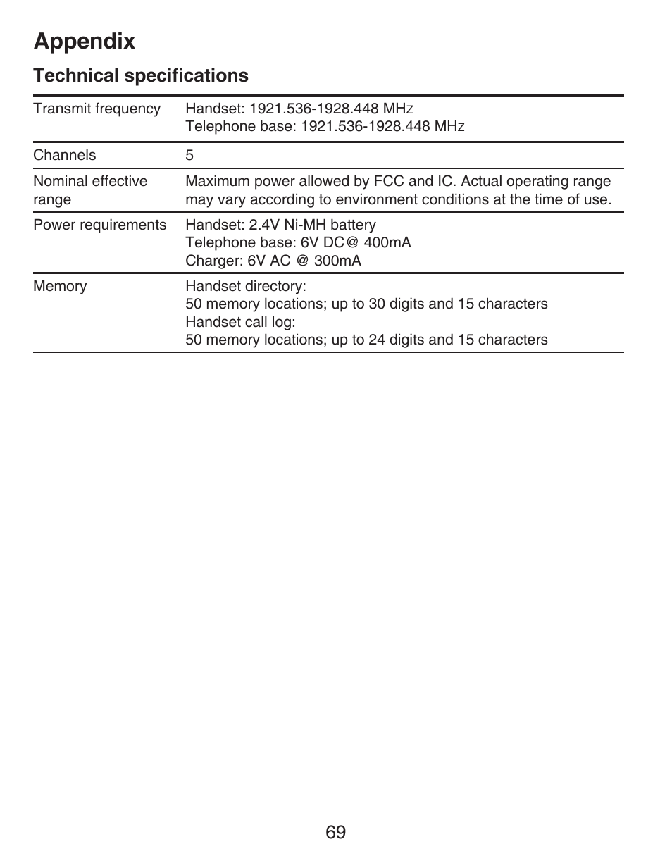 Technical specification, Technical specifications, Appendix | 69 technical specifications | VTech DECT CS6429-3 User Manual | Page 73 / 76