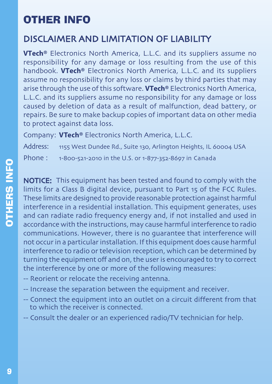 Other info, Disclaimer and limitation of liability, Others info | VTech Hand-Held Video Game User Manual | Page 10 / 12