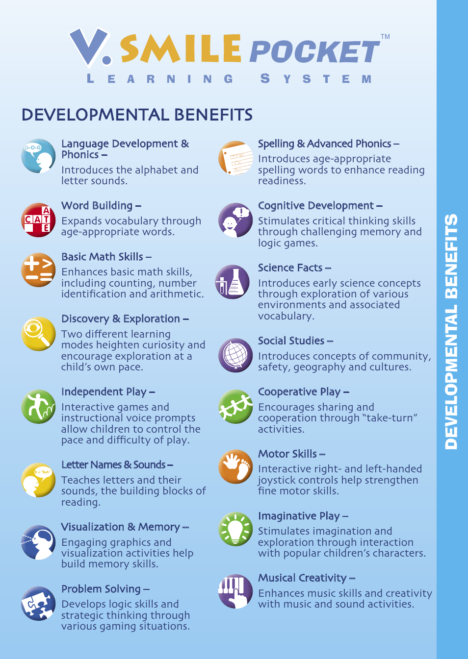 Developmental benefits, Development al benefits | VTech Hand-Held Video Game User Manual | Page 11 / 12