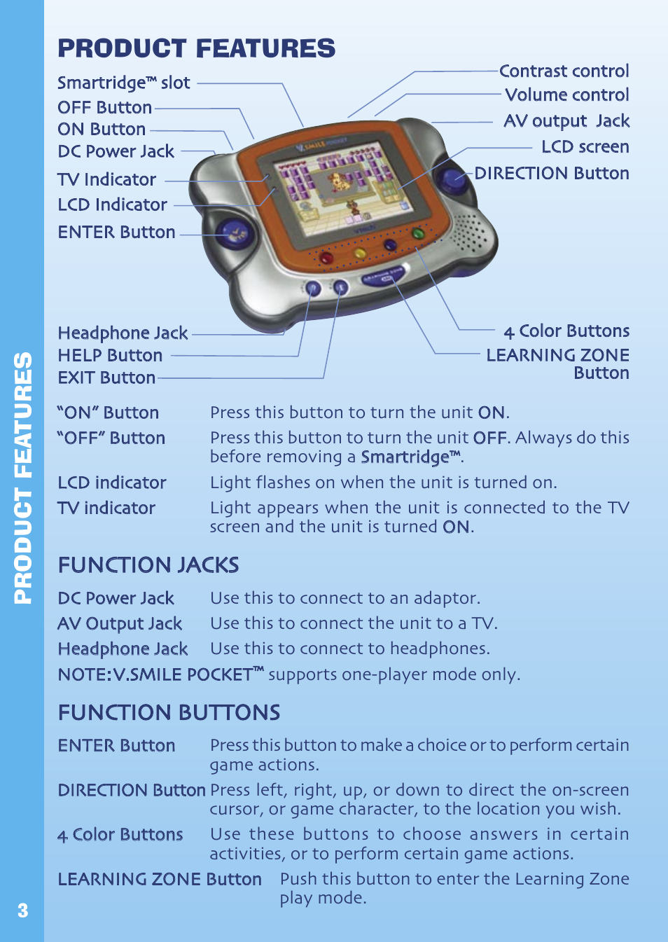 Product features, Function jacks, Function buttons | Product fea tures | VTech Hand-Held Video Game User Manual | Page 4 / 12